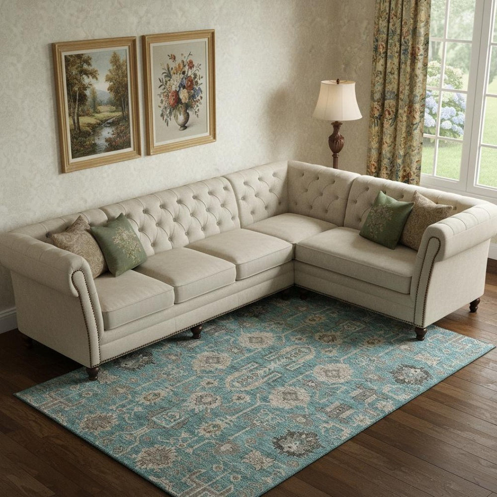 HomeRoots 10' X 14' Teal Beige Charcoal Oriental Area Rug - Washable, UV Protected, Soft Polyester for Families 656687