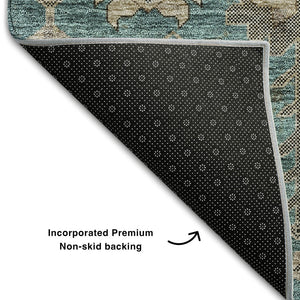 HomeRoots 10' X 14' Teal Beige Charcoal Oriental Area Rug - Washable, UV Protected, Soft Polyester for Families 656687
