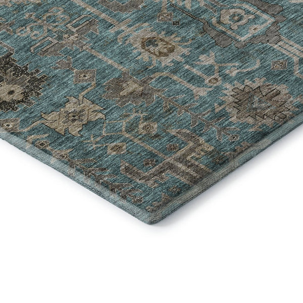 HomeRoots 10' X 14' Teal Beige Charcoal Oriental Area Rug - Washable, UV Protected, Soft Polyester for Families 656687