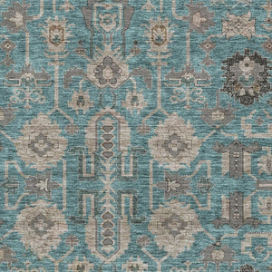 HomeRoots 10' X 14' Teal Beige Charcoal Oriental Area Rug - Washable, UV Protected, Soft Polyester for Families 656687