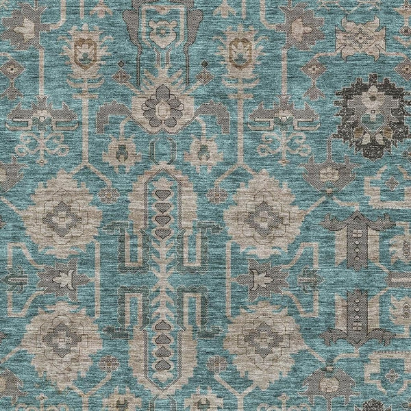 HomeRoots 10' X 14' Teal Beige Charcoal Oriental Area Rug - Washable, UV Protected, Soft Polyester for Families 656687