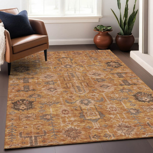 HomeRoots 5' X 8' Washable Terra Cotta & Beige Oriental Area Rug - UV Protected, Stain Resistant, Durable Design 656689