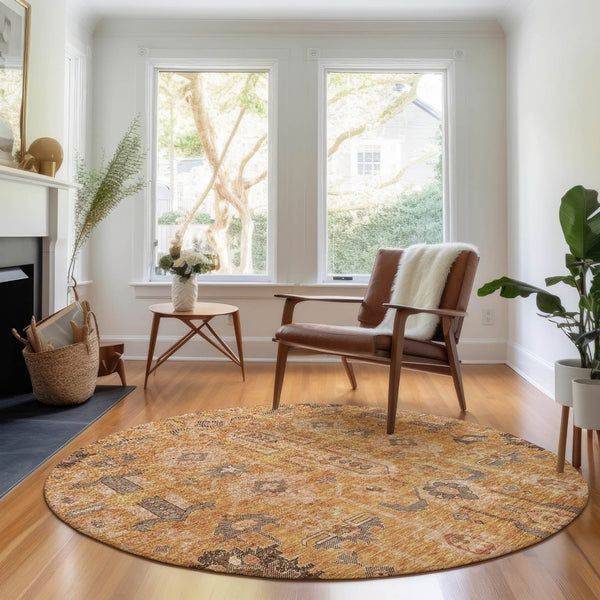 HomeRoots 8' Terra Cotta Beige & Charcoal Round Oriental Rug – Washable, UV-Protected, Stain-Resistant Design 656690
