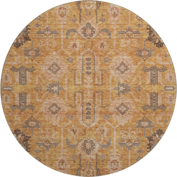HomeRoots 8' Terra Cotta Beige & Charcoal Round Oriental Rug – Washable, UV-Protected, Stain-Resistant Design 656690
