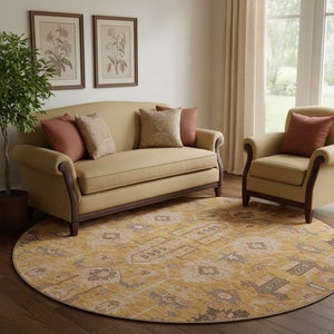 HomeRoots 8' Terra Cotta Beige & Charcoal Round Oriental Rug – Washable, UV-Protected, Stain-Resistant Design 656690