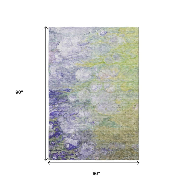HomeRoots 5' Abstract Washable Area Rug in Artichoke Green, Purple & Ivory - UV Protected, Stain-Resistant Design 656695