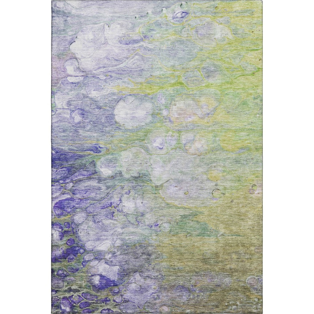 HomeRoots 5' Abstract Washable Area Rug in Artichoke Green, Purple & Ivory - UV Protected, Stain-Resistant Design 656695
