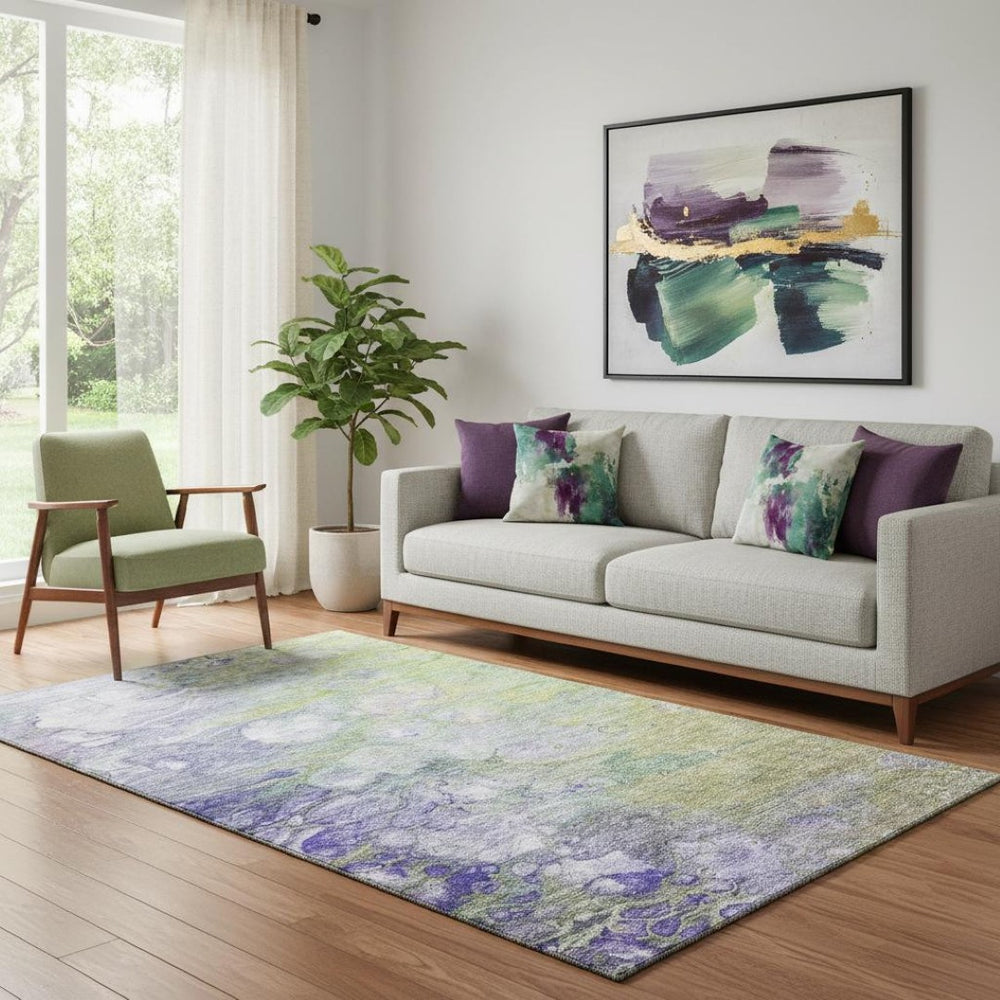 HomeRoots 5' Abstract Washable Area Rug in Artichoke Green, Purple & Ivory - UV Protected, Stain-Resistant Design 656695