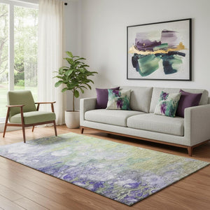 HomeRoots 5' Abstract Washable Area Rug in Artichoke Green, Purple & Ivory - UV Protected, Stain-Resistant Design 656695