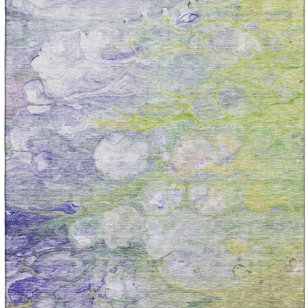HomeRoots 5' Abstract Washable Area Rug in Artichoke Green, Purple & Ivory - UV Protected, Stain-Resistant Design 656695