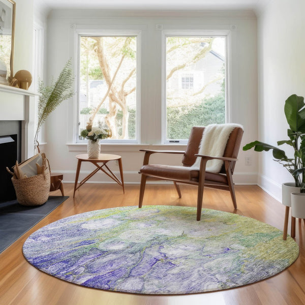 HomeRoots 8' Artichoke Green, Purple & Ivory Abstract Round Rug - Washable, UV Protected & Stain Resistant! 656696