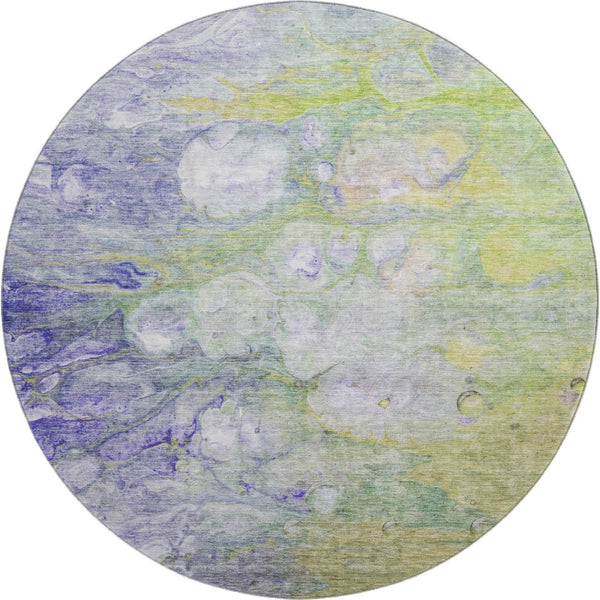 HomeRoots 8' Artichoke Green, Purple & Ivory Abstract Round Rug - Washable, UV Protected & Stain Resistant! 656696