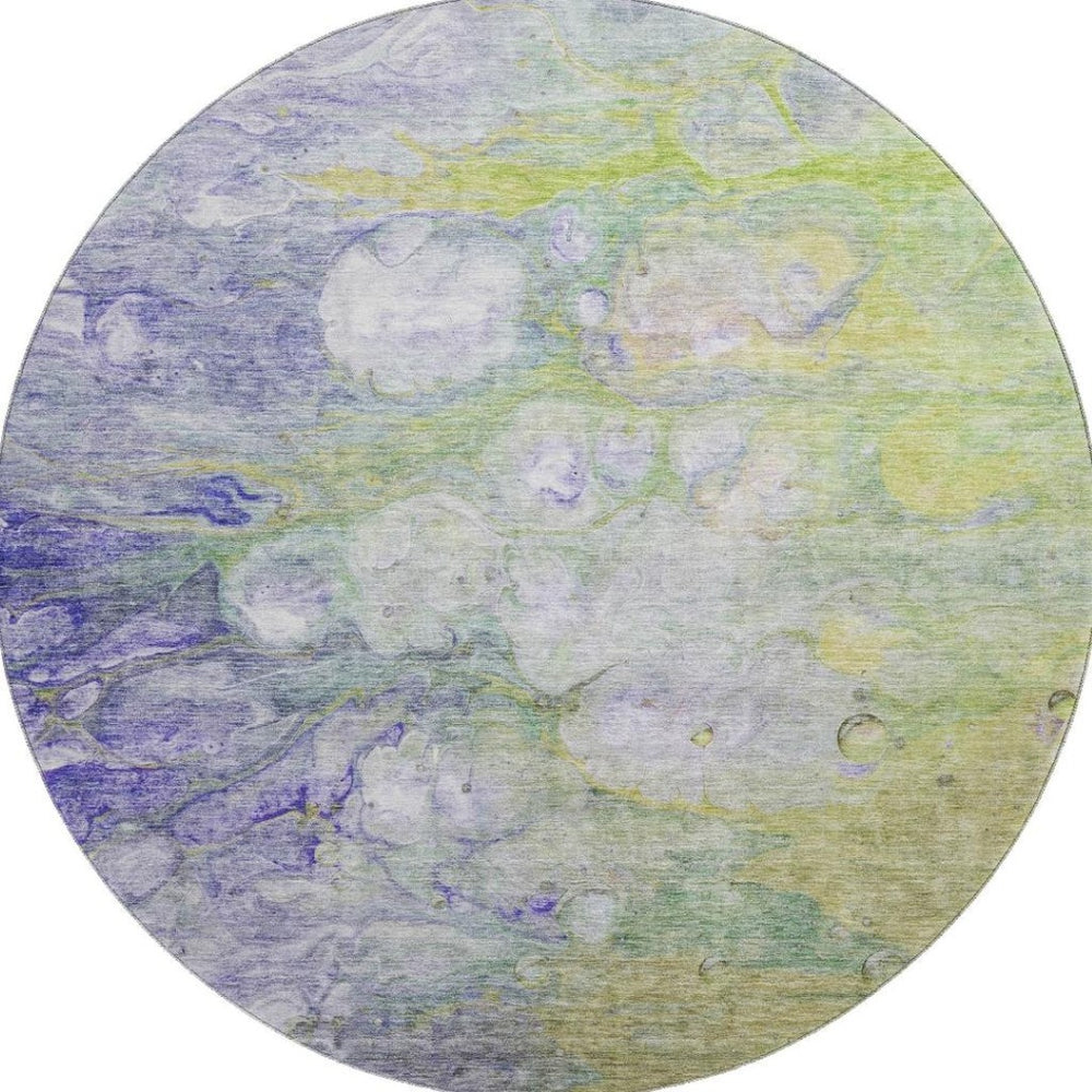 HomeRoots 8' Artichoke Green, Purple & Ivory Abstract Round Rug - Washable, UV Protected & Stain Resistant! 656696