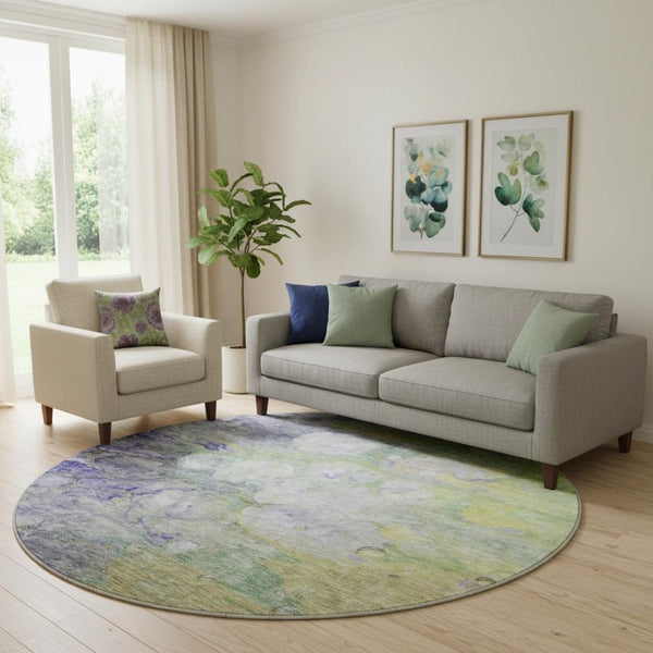 HomeRoots 8' Artichoke Green, Purple & Ivory Abstract Round Rug - Washable, UV Protected & Stain Resistant! 656696