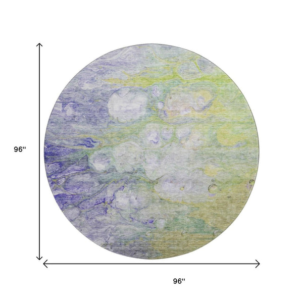 HomeRoots 8' Artichoke Green, Purple & Ivory Abstract Round Rug - Washable, UV Protected & Stain Resistant! 656696