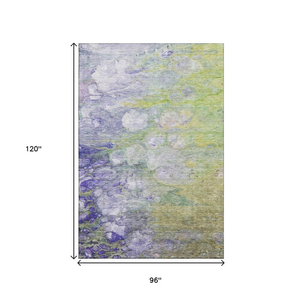 HomeRoots 8' X 10' Abstract Area Rug in Artichoke Green, Purple & Ivory - Washable, UV Protected, Durable Design 656697