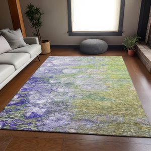 HomeRoots 8' X 10' Abstract Area Rug in Artichoke Green, Purple & Ivory - Washable, UV Protected, Durable Design 656697