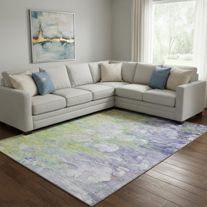 HomeRoots 8' X 10' Abstract Area Rug in Artichoke Green, Purple & Ivory - Washable, UV Protected, Durable Design 656697