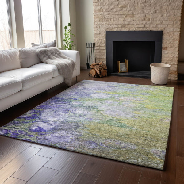 HomeRoots 10' Artichoke Green and Purple Abstract Area Rug - Washable, UV Protected, Perfect for Busy Homes 656699