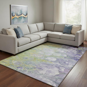 HomeRoots 10' Artichoke Green and Purple Abstract Area Rug - Washable, UV Protected, Perfect for Busy Homes 656699