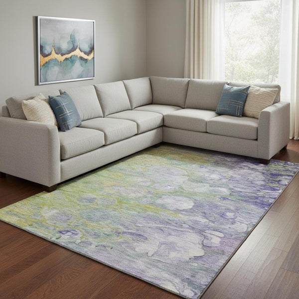HomeRoots 10' Artichoke Green and Purple Abstract Area Rug - Washable, UV Protected, Perfect for Busy Homes 656699