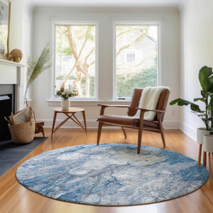 HomeRoots 8' Blue and Ivory Abstract Round Rug - Washable, UV Protected, Durable for High-Traffic Areas 656708