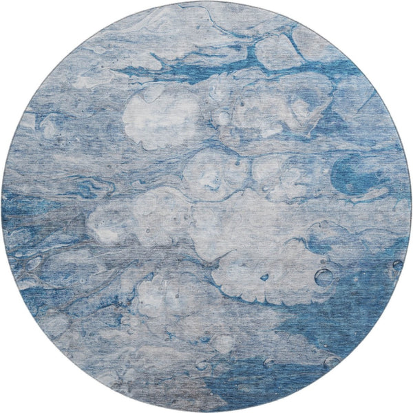 HomeRoots 8' Blue and Ivory Abstract Round Rug - Washable, UV Protected, Durable for High-Traffic Areas 656708