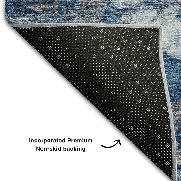 HomeRoots 8' Blue and Ivory Abstract Round Rug - Washable, UV Protected, Durable for High-Traffic Areas 656708