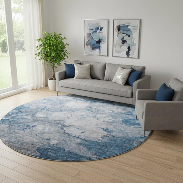 HomeRoots 8' Blue and Ivory Abstract Round Rug - Washable, UV Protected, Durable for High-Traffic Areas 656708