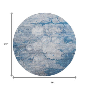 HomeRoots 8' Blue and Ivory Abstract Round Rug - Washable, UV Protected, Durable for High-Traffic Areas 656708