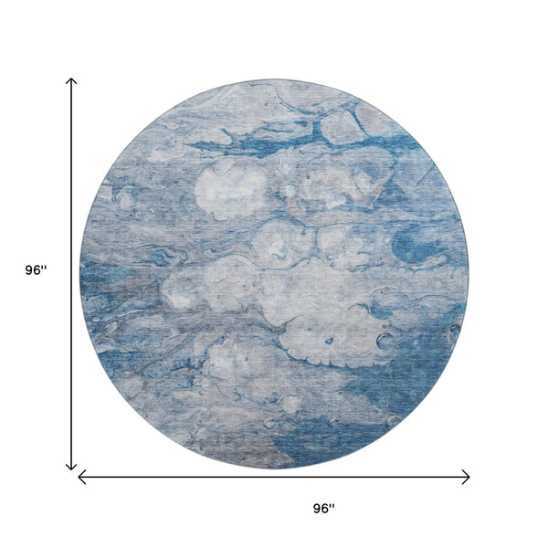 HomeRoots 8' Blue and Ivory Abstract Round Rug - Washable, UV Protected, Durable for High-Traffic Areas 656708