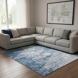 HomeRoots 8' X 10' Blue And Ivory Abstract Area Rug - Washable, UV-Protected, Stain-Resistant Comfort Design 656709