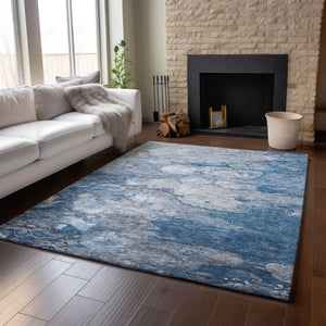 HomeRoots 9' X 12' Stylish Blue and Ivory Abstract Area Rug – Washable, UV Protected, Perfect for High-Traffic Spaces 656710