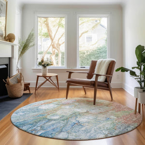 HomeRoots 8' Coral Blue and Ivory Abstract Washable Round Rug - Durable, Stylish, UV-Protected for Homes 656714