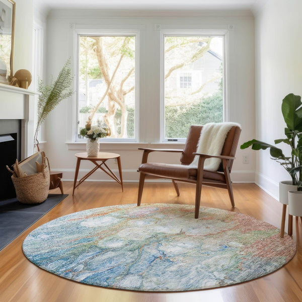 HomeRoots 8' Coral Blue and Ivory Abstract Washable Round Rug - Durable, Stylish, UV-Protected for Homes 656714