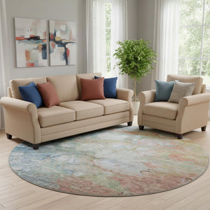 HomeRoots 8' Coral Blue and Ivory Abstract Washable Round Rug - Durable, Stylish, UV-Protected for Homes 656714