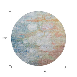 HomeRoots 8' Coral Blue and Ivory Abstract Washable Round Rug - Durable, Stylish, UV-Protected for Homes 656714