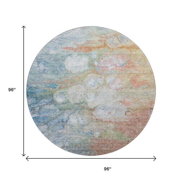 HomeRoots 8' Coral Blue and Ivory Abstract Washable Round Rug - Durable, Stylish, UV-Protected for Homes 656714