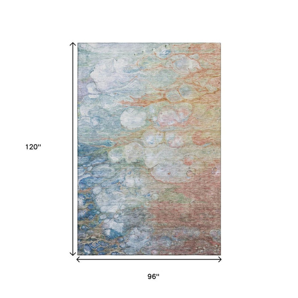 HomeRoots 8' X 10' Coral Blue and Ivory Abstract Washable Area Rug - Durable, Stylish, UV Protected Design! 656715