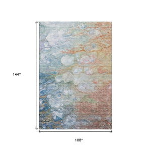 HomeRoots 9' X 12' Coral Blue & Ivory Abstract Area Rug - Washable, Stain Resistant, UV Protected for Homes 656716