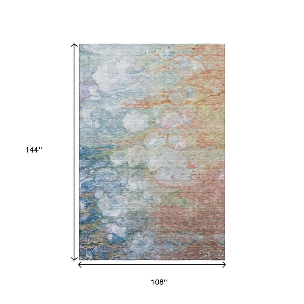 HomeRoots 9' X 12' Coral Blue & Ivory Abstract Area Rug - Washable, Stain Resistant, UV Protected for Homes 656716