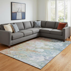 HomeRoots 9' X 12' Coral Blue & Ivory Abstract Area Rug - Washable, Stain Resistant, UV Protected for Homes 656716