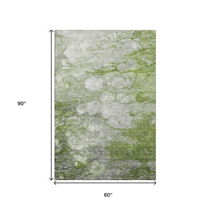 HomeRoots 5' Washable Area Rug in Olive Green, Ivory & Gray - Durable, Stain Resistant & UV Protected Design 656719