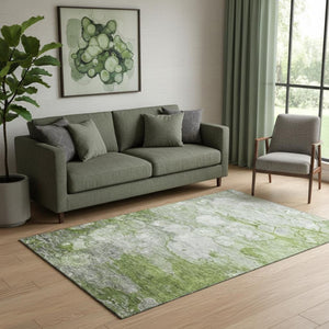 HomeRoots 5' Washable Area Rug in Olive Green, Ivory & Gray - Durable, Stain Resistant & UV Protected Design 656719