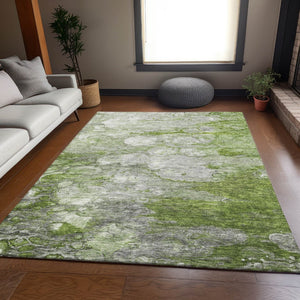 HomeRoots 5' Washable Area Rug in Olive Green, Ivory & Gray - Durable, Stain Resistant & UV Protected Design 656719