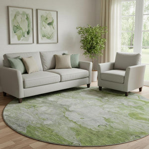 HomeRoots 8' Olive Green Abstract Round Rug - Washable, UV Protected, Stain Resistant for Modern Spaces 656720