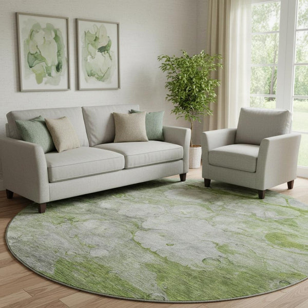 HomeRoots 8' Olive Green Abstract Round Rug - Washable, UV Protected, Stain Resistant for Modern Spaces 656720