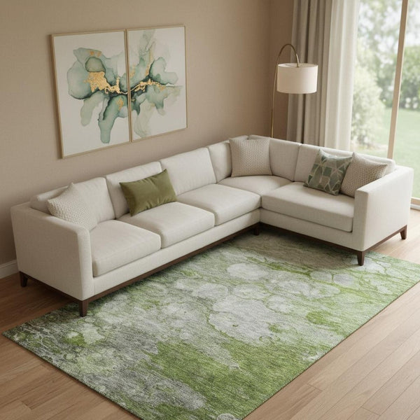 HomeRoots 9' X 12' Olive Green, Ivory & Gray Abstract Area Rug - Washable, UV Protected, Modern Style for Homes 656722