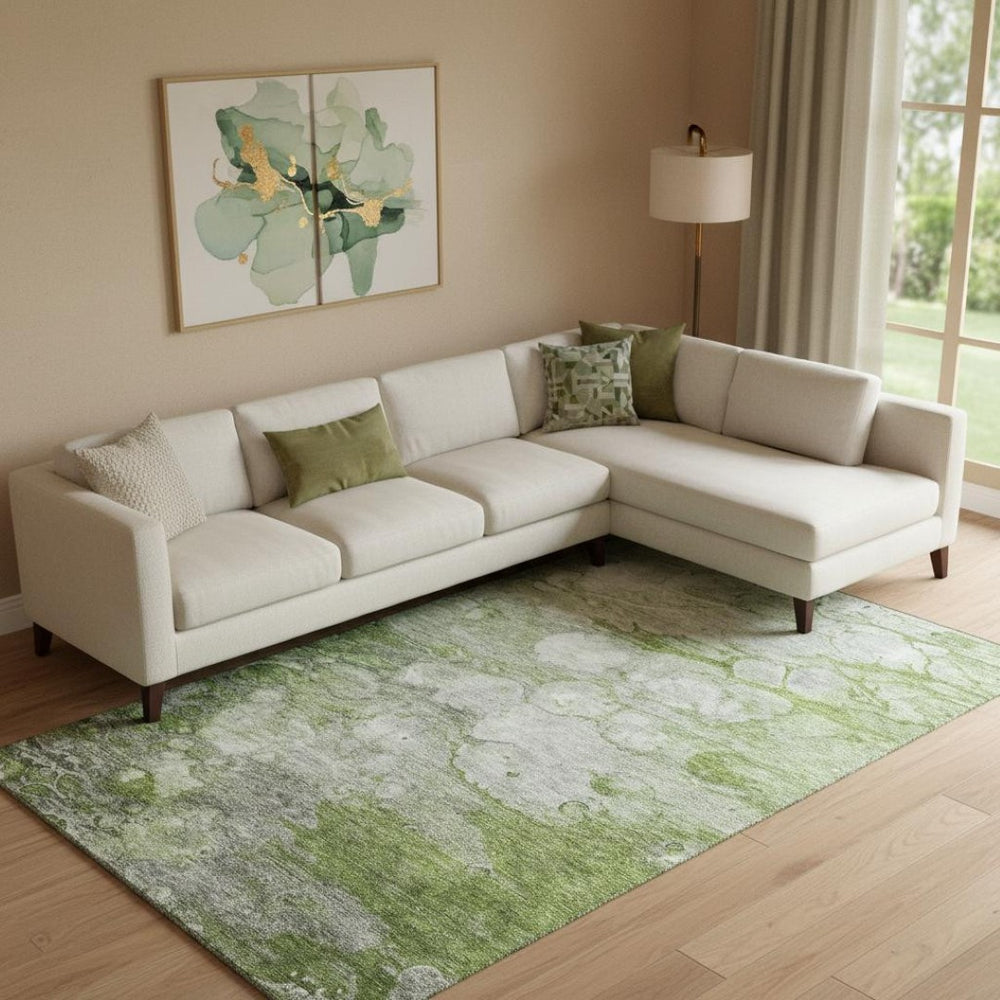 HomeRoots 10' Modern Olive Green, Ivory & Gray Abstract Area Rug - Washable, Stain-Resistant & UV Protected! 656723