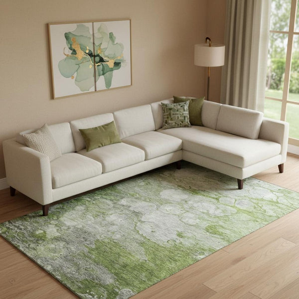 HomeRoots 10' Modern Olive Green, Ivory & Gray Abstract Area Rug - Washable, Stain-Resistant & UV Protected! 656723